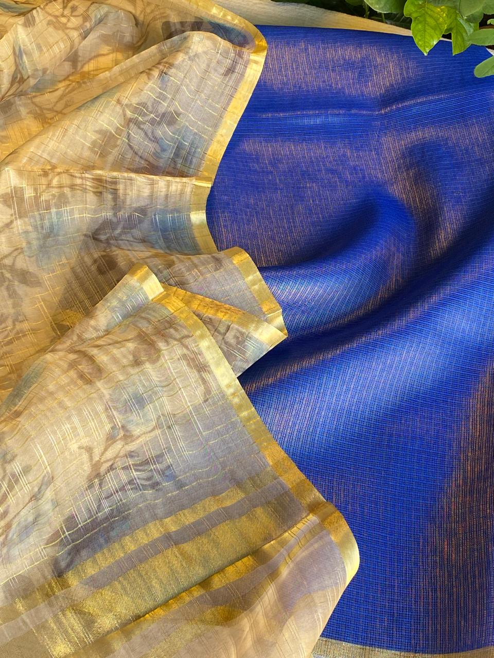 Kota Tissue Silk Golden Blue -Cream dupatta