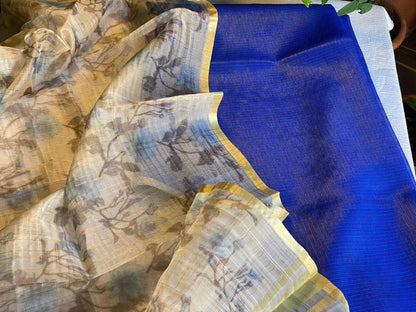 Kota Tissue Silk Golden Blue -Cream dupatta