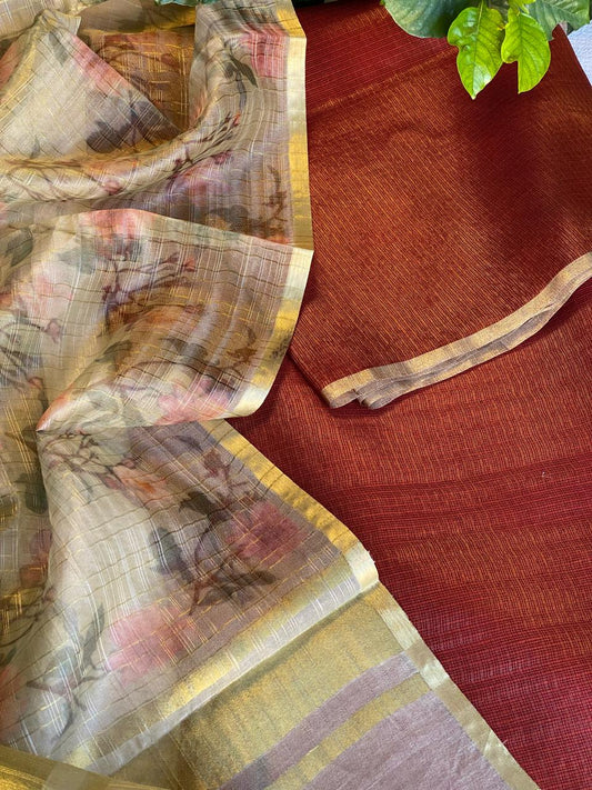 Kota Tissue Silk Golden Red -Cream dupatta