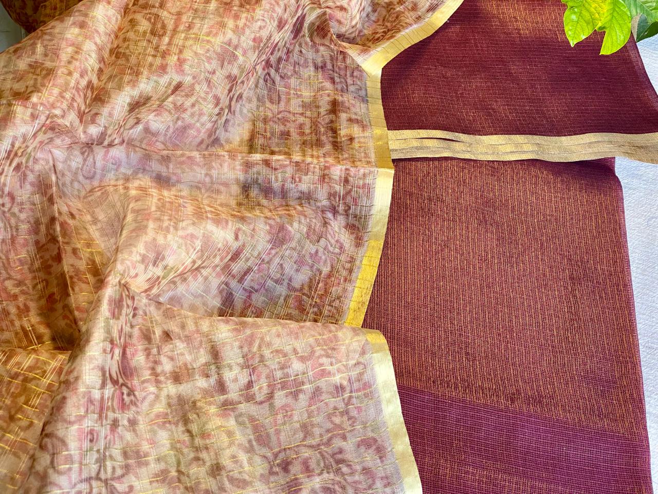 Kota Tissue Silk Golden dark Wine -Pink dupatta